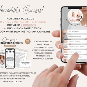 May include: A pink and white phone mockup with the text "Esthetic Clinic Name" on the screen. The phone is being held by a hand. The text "Incredible Bonuses!" is at the top of the image. The text "Not only you'll get 640 unique Instagram templates, but also 2 bonuses" is below the phone. The text "1) &laquo;Link-in-bio&raquo; page design" and "2) Ebook with 500+ Instagram captions" is below the text about the bonuses. The text "Done-for-you Instagram Captions Skincare Edition" is in the lower left corner of the image. The text "500 captions" is in a circle next to the text "Done-for-you Instagram Captions Skincare Edition". The text "<Link-in-bio> helps direct your followers to your website, booking page, to share freebies and more info about your business" is in the lower right corner of the image.