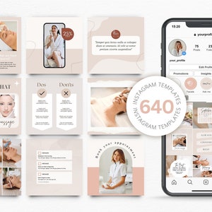 May include: A collection of Instagram templates for beauty and wellness businesses. The templates feature a neutral color palette of beige and brown with images of people receiving facials and massages. The text on the templates includes phrases like "Our Special Offer", "This or That", "Dos and Don'ts", and "Book Your Appointment".