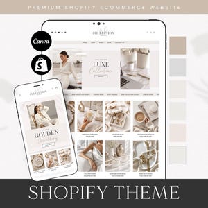Könnte beinhalten: Ein digitales Mockup eines Shopify E-Commerce-Website-Themes, dargestellt auf einem Tablet und einem Smartphone. Die Benutzeroberfläche zeigt eine neutrale Farbpalette, Produktfotografie sowie den Text LUXE COLLECTION und GOLDEN JEWELLERY.