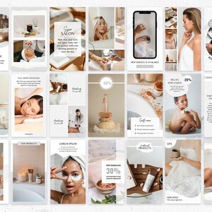Puede incluir: Una colecci&oacute;n de plantillas de historias de Instagram para un spa o sal&oacute;n. Las plantillas presentan im&aacute;genes de personas que reciben tratamientos de spa, productos y superposiciones de texto con promociones e informaci&oacute;n sobre el spa.