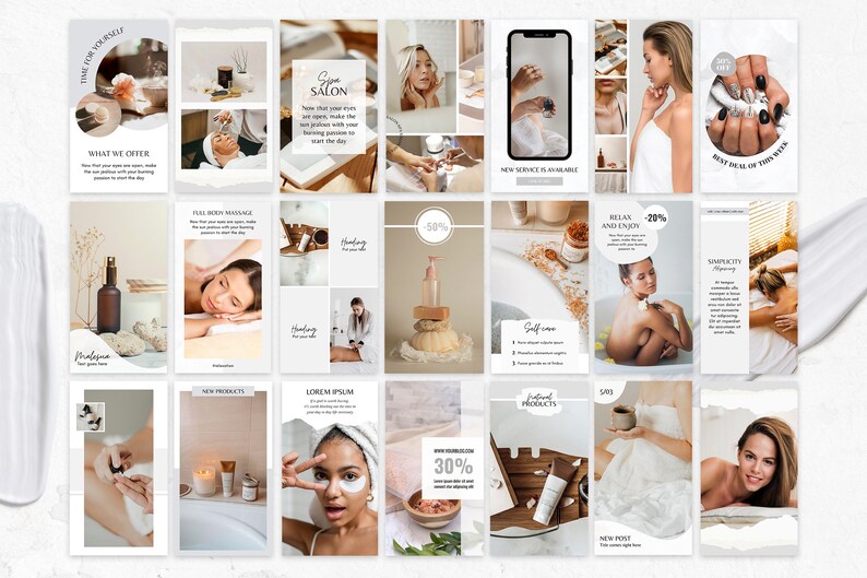 Puede incluir: Una colecci&oacute;n de plantillas de historias de Instagram para un spa o sal&oacute;n. Las plantillas presentan im&aacute;genes de personas que reciben tratamientos de spa, productos y superposiciones de texto con promociones e informaci&oacute;n sobre el spa.