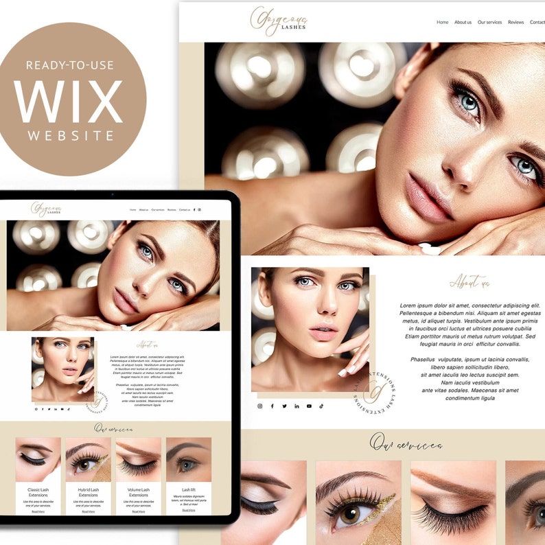 May include: Website mockup for a lash extension business called "Gorgeous Lashes". The website features a light brown background with a white header and a black and white photo of a woman with long eyelashes. The website also includes a section for "Our Services" with photos of different types of lash extensions.