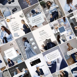 Peut inclure: Un collage d'images sur des thèmes liés au style de vie et aux affaires. Les images incluent des ordinateurs portables, des accessoires et des superpositions de texte avec des phrases comme "Traffic funnel from Pinterest" et "Why Your Content Isn't bringing clients". La palette de couleurs est principalement bleue et blanche.