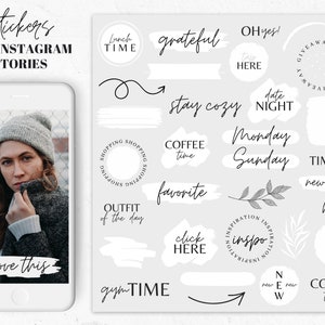 60+ Instagram Story Stickers Basic in white | Instagram Story Sticker - brush strokes, coffee, home, buttons, good morning, white neutral