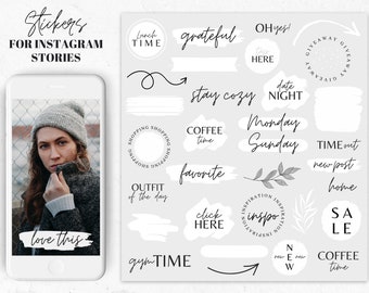 60+ Instagram Story Stickers Basic in white | Instagram Story Sticker - brush strokes, coffee, home, buttons, good morning, white neutral