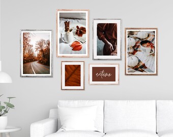 Wall art prints set of 6 autumn photos. Gallery wall art set in fall colors. Gallery wall design set for autumn, fall. Gallery wall prints