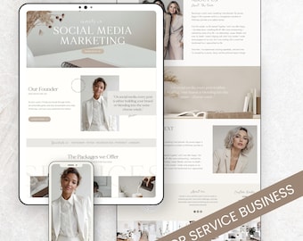May include: A digital marketing website design displayed on a tablet, phone, and laptop. The website features the text "SOCIAL MEDIA MARKETING" and "WIX FOR SERVICE BUSINESS". The design includes images of a woman in a white suit.