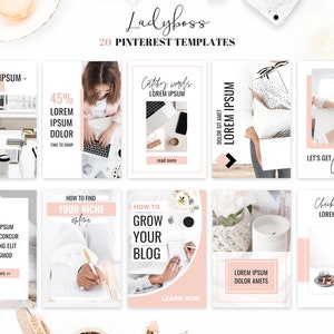 K&ouml;nnte beinhalten: Ein Satz von 20 Pinterest-Vorlagen f&uuml;r ein Unternehmen oder eine Marke. Die Vorlagen haben ein rosa-wei&szlig;es Farbschema mit Text&uuml;berlagerungen. Einige Vorlagen zeigen Bilder von Personen, die an Laptops arbeiten, w&auml;hrend andere Bilder von B&uuml;roartikeln und Blumen zeigen.