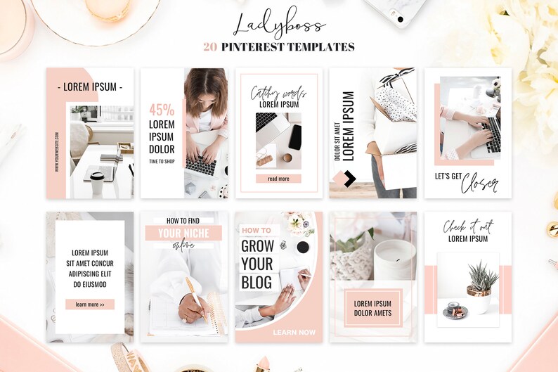 K&ouml;nnte beinhalten: Ein Satz von 20 Pinterest-Vorlagen f&uuml;r ein Unternehmen oder eine Marke. Die Vorlagen haben ein rosa-wei&szlig;es Farbschema mit Text&uuml;berlagerungen. Einige Vorlagen zeigen Bilder von Personen, die an Laptops arbeiten, w&auml;hrend andere Bilder von B&uuml;roartikeln und Blumen zeigen.