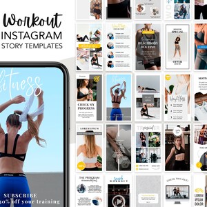 May include: A set of 16 Instagram story templates designed for fitness and workout content. The templates feature a variety of designs, including photos of people exercising, motivational quotes, and workout tips. The templates are designed to help fitness professionals and enthusiasts promote their services and connect with their audience.