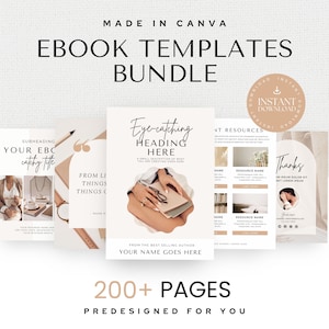 以下が含まれることがあります： ベージュとブラウンのカラーパレットを使用した3つの電子書籍テンプレートのセット。テンプレートには、タイトルページ、リソースページ、お礼ページが含まれています。「Eye-catching Heading Here」、「From the Best Selling Author」、「Your Name Goes Here」、「NT Resources」、「Thanks」などのテキストがテンプレートに含まれています。テンプレートはCanvaで使用するために設計されており、200ページ以上が含まれています。