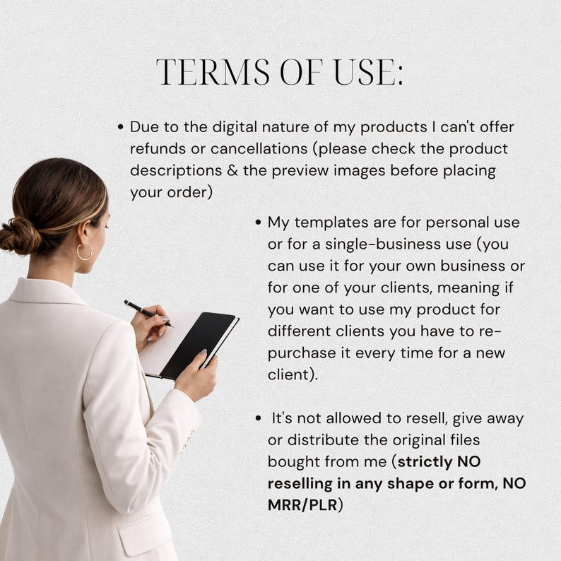 Puede incluir: Un documento digital titulado TERMS OF USE que contiene texto sobre pol&iacute;ticas de reembolso, derechos de uso personal o comercial &uacute;nico, y prohibiciones estrictas contra la reventa, distribuci&oacute;n o intercambio de archivos originales.
