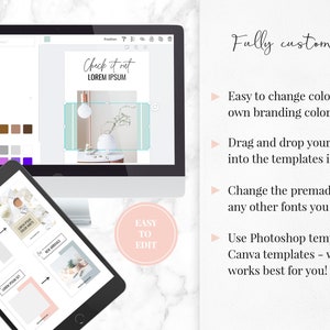K&ouml;nnte beinhalten: Ein Computerbildschirm zeigt ein Mockup eines Social-Media-Posts mit dem Text "Check it out Lorem Ipsum" und einem Foto einer Vase mit Blumen. Der Bildschirm ist von einem rosa und wei&szlig;en Design mit dem Text "Easy to Edit" umgeben.