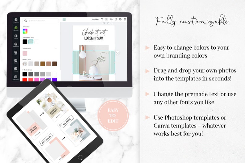 K&ouml;nnte beinhalten: Ein Computerbildschirm zeigt ein Mockup eines Social-Media-Posts mit dem Text "Check it out Lorem Ipsum" und einem Foto einer Vase mit Blumen. Der Bildschirm ist von einem rosa und wei&szlig;en Design mit dem Text "Easy to Edit" umgeben.