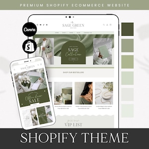 以下が含まれることがあります： Sage GreenというタイトルのShopify Eコマースウェブサイトテンプレートのデジタルプレビュー。タブレットとスマートフォンの画面に表示されています。インターフェースはセージグリーンと白のカラーパレット、ナビゲーションメニュー、製品画像で構成されています。