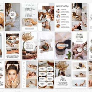 Puede incluir: Un conjunto de plantillas de historias de Instagram para un spa o sal&oacute;n de belleza. Las plantillas incluyen im&aacute;genes de productos para el cuidado de la piel, tratamientos de spa y texto sobre servicios y promociones. El texto incluye "Nuestros Bestsellers", "Productos para el cuidado de la piel", "Las mejores rutinas de cuidado de la piel", "Sorteo de septiembre", "Informaci&oacute;n importante", "Servicios", "Paquete", "Disponible", "Spa Salon" y "30% de descuento".