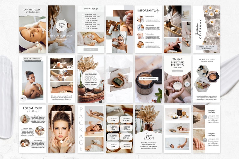Puede incluir: Un conjunto de plantillas de historias de Instagram para un spa o sal&oacute;n de belleza. Las plantillas incluyen im&aacute;genes de productos para el cuidado de la piel, tratamientos de spa y texto sobre servicios y promociones. El texto incluye "Nuestros Bestsellers", "Productos para el cuidado de la piel", "Las mejores rutinas de cuidado de la piel", "Sorteo de septiembre", "Informaci&oacute;n importante", "Servicios", "Paquete", "Disponible", "Spa Salon" y "30% de descuento".