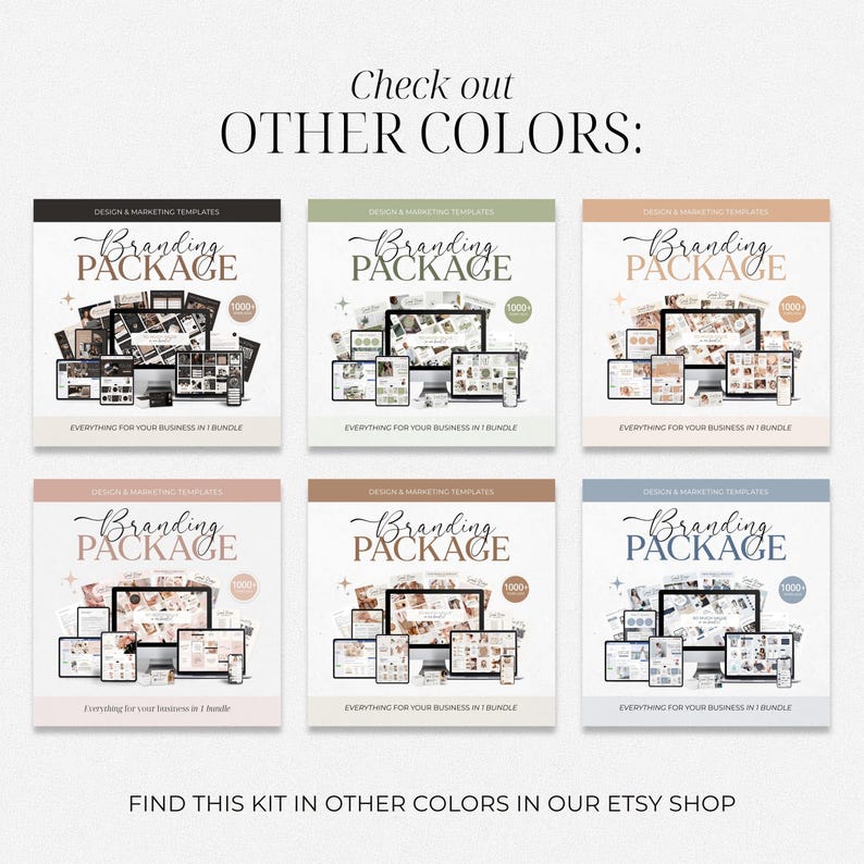 May include: Six branding package templates in various colors, each showcasing a computer, tablet, and phone with design elements. Text includes "Branding Package" and "Everything for your business in 1 bundle."