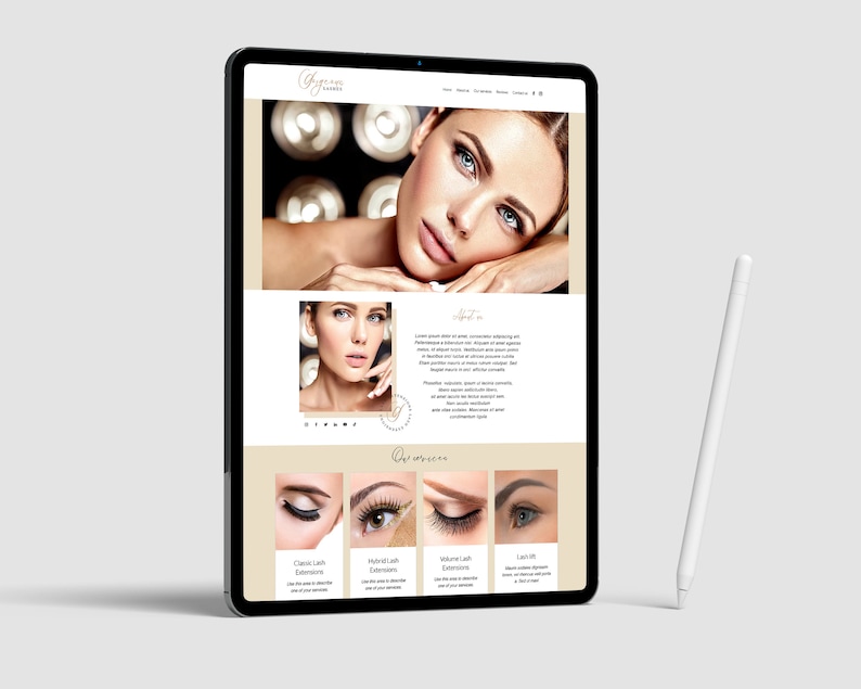 May include: Website for a lash extension business called "By Grace Lashes". The website features a photo of a woman with long eyelashes and a description of the services offered, including classic, hybrid, volume, and lash lift.