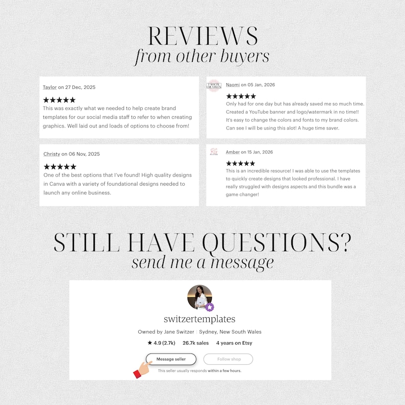 May include: A webpage featuring customer reviews and contact information. The text "REVIEWS from other buyers" is at the top. Below are customer testimonials with star ratings. The bottom section says "STILL HAVE QUESTIONS? send me a message".