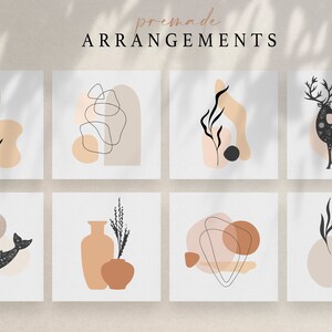 Puede incluir: Ocho impresiones art&iacute;sticas cuadradas con dise&ntilde;os abstractos. Cada impresi&oacute;n presenta una combinaci&oacute;n &uacute;nica de formas, l&iacute;neas y elementos bot&aacute;nicos en tonos neutros de beige, negro y melocot&oacute;n. El texto "premade arrangements" est&aacute; en la parte superior.