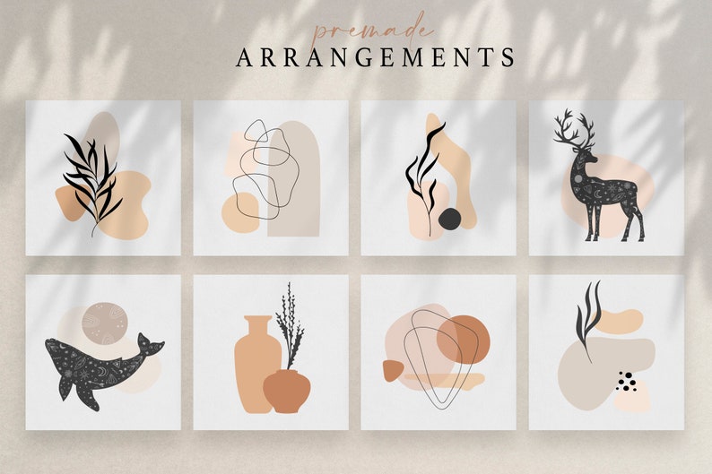 Puede incluir: Ocho impresiones art&iacute;sticas cuadradas con dise&ntilde;os abstractos. Cada impresi&oacute;n presenta una combinaci&oacute;n &uacute;nica de formas, l&iacute;neas y elementos bot&aacute;nicos en tonos neutros de beige, negro y melocot&oacute;n. El texto "premade arrangements" est&aacute; en la parte superior.