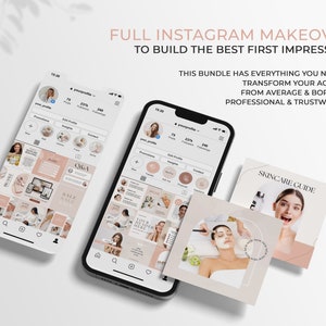 May include: A mockup of an Instagram profile page with a grid of images and text. The profile page is for a skincare brand and includes images of products, skincare tips, and a Q&A section. The text on the page includes the words "Skincare Guide", "Q&A", and "Sale Alert".