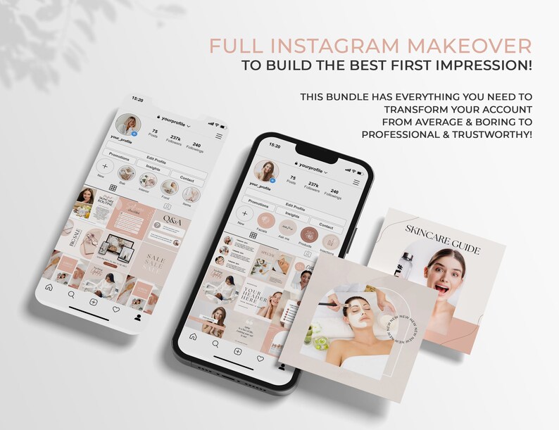 May include: A mockup of an Instagram profile page with a grid of images and text. The profile page is for a skincare brand and includes images of products, skincare tips, and a Q&A section. The text on the page includes the words "Skincare Guide", "Q&A", and "Sale Alert".