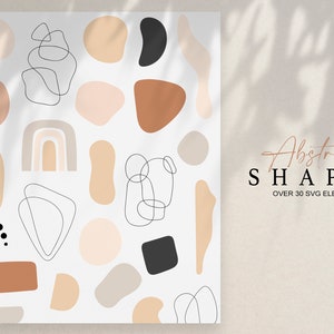 Puede incluir: Una colecci&oacute;n de formas abstractas en beige, marr&oacute;n y negro, con finas l&iacute;neas negras, sobre un fondo blanco. El texto "Abstract Shapes" y "Over 30 SVG Elements" tambi&eacute;n est&aacute; presente.