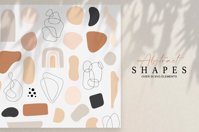 Puede incluir: Una colecci&oacute;n de formas abstractas en beige, marr&oacute;n y negro, con finas l&iacute;neas negras, sobre un fondo blanco. El texto "Abstract Shapes" y "Over 30 SVG Elements" tambi&eacute;n est&aacute; presente.