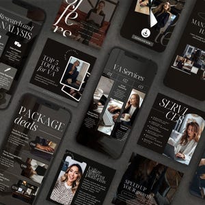 Puede incluir: Una colección de smartphones y materiales de marketing en blanco y negro. Las pantallas muestran texto como "VA Services", "Package Deals" y "Speed Up Your Growth". El tema general es negocios y asistencia virtual.