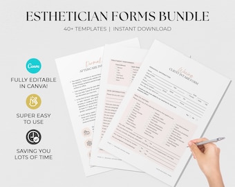 May include: A set of printable esthetician forms in a pink and white color scheme. The forms are fully editable in Canva and include a client intake form, a dermal aftercare instructions form, and a treatment performed form. The text on the forms reads "Client Intake Form", "Dermal Aftercare Instructions", and "Treatment Performed".