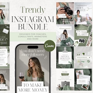 以下が含まれることがあります： 「Trendy Instagram Bundle」と「Designed for Coaches, Consultants, Marketers and More」のテキストを含む、トレンディなInstagramバンドルのグラフィック。画像には、電話のモックアップやその他のマーケティング関連のグラフィックが含まれています。