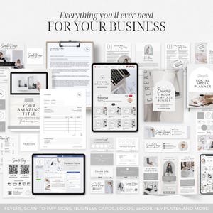 May include: A collection of digital business templates, including invoices, social media planners, and business cards. The image features a tablet with a website design, along with flyers and ebook templates. Text on the image reads "Everything you'll ever need for your business."