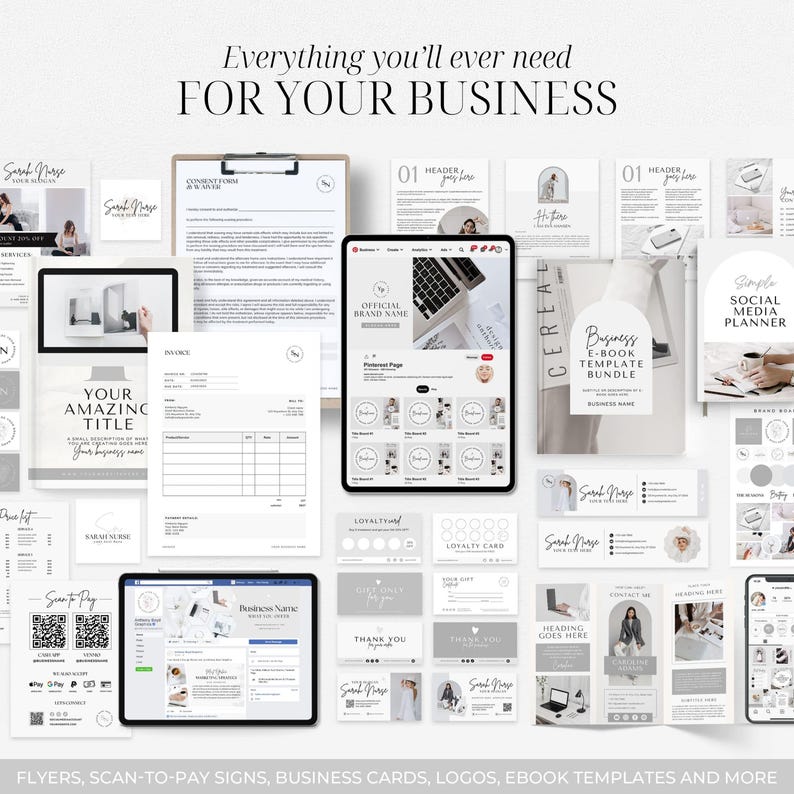 May include: A collection of digital business templates, including invoices, social media planners, and business cards. The image features a tablet with a website design, along with flyers and ebook templates. Text on the image reads "Everything you'll ever need for your business."