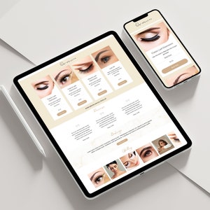 May include: A website for a lash extension business, displayed on a tablet and a smartphone. The website features images of different lash styles, including classic, hybrid, and volume lashes. The website also includes a price list and a booking form.