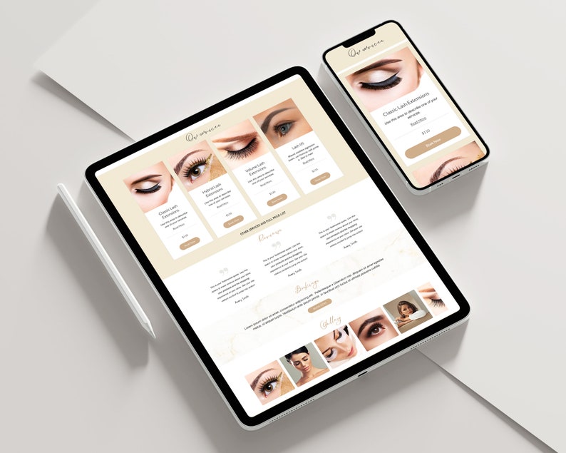 May include: A website for a lash extension business, displayed on a tablet and a smartphone. The website features images of different lash styles, including classic, hybrid, and volume lashes. The website also includes a price list and a booking form.