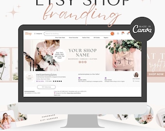 Peut inclure: Un écran d'ordinateur affichant un modèle de bannière de boutique Etsy avec un motif floral rose et vert. La bannière comprend le texte "Your Shop Name" et "Backpacks | Candles | Clothes". Le texte "Etsy Shop Branding" est affiché au-dessus de l'écran d'ordinateur dans une police rose et blanche.