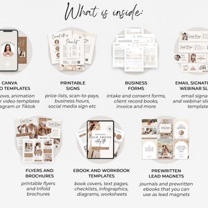 May include: A collage of images showcasing different digital templates for business owners. The templates include Canva video templates, printable signs, business forms, email signatures and webinar slides, flyers and brochures, ebook and workbook templates, and prewritten lead magnets.