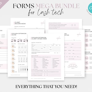 Puede incluir: Un conjunto de formularios imprimibles para técnicos de pestañas. Los formularios incluyen una factura, un libro de registro de clientes, una guía de extensiones de pestañas y un formulario de admisión de clientes. Los formularios son editables en Canva y presentan un esquema de color rosa y blanco.