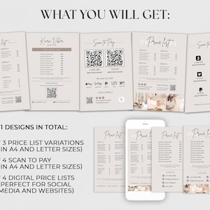 May include: A digital product mockup showing 11 different designs for a price list and scan to pay templates. The designs are in a minimalist style with a beige background and black text. The text includes "Price List" and "Scan to Pay".
