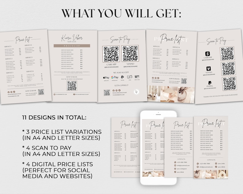 May include: A digital product mockup showing 11 different designs for a price list and scan to pay templates. The designs are in a minimalist style with a beige background and black text. The text includes "Price List" and "Scan to Pay".