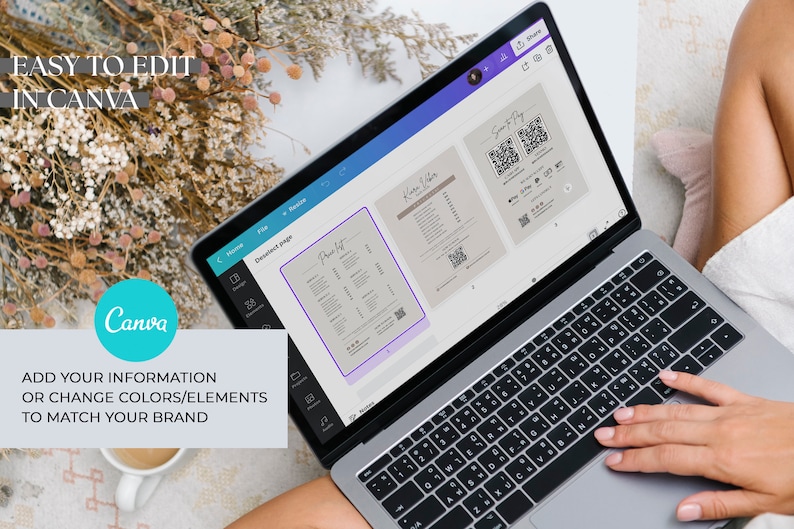 May include: A laptop computer displaying the Canva website with a design for a menu. The menu design includes a QR code and the text "Pretty Lit" and "K-Love Vibes". The laptop is on a white surface with a cup of coffee and a bouquet of dried flowers.