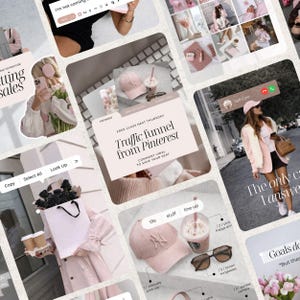 Op de afbeelding: Een collage van afbeeldingen met een roze en neutrale kleurstelling. De afbeeldingen bevatten een roze baseballpet, zonnebrillen, een frappe drankje en tekst met "Traffic funnel from Pinterest". Het thema lijkt social media en marketing te zijn.