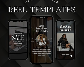 May include: Three phone screen mockups with different designs. The first mockup shows a sale announcement with the text "New Season Sale" and "Discount 30% on our business course". The second mockup shows a woman in a white blazer and black top with the text "Hello Business Women I'M OLIVIA". The third mockup shows a woman in a black puffer jacket with the text "Bookings now open" and a button that says "learn more".