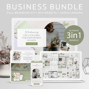 May include: A laptop computer screen displaying a website for a life coaching business. The website features a green and white colour scheme with floral accents. The text on the screen reads "Introducing Life Coaching for Empowered Women". The website also includes a call to action to "Find Out More".