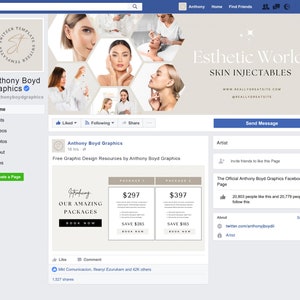K&ouml;nnte beinhalten: Facebook-Seite f&uuml;r Anthony Boyd Graphics, ein Grafikdesignunternehmen. Die Seite zeigt ein Bannerbild mit dem Gesicht einer Frau und dem Text "Esthetic World Skin Injectables". Die Seite enth&auml;lt auch Informationen &uuml;ber die Dienstleistungen des Unternehmens, darunter Grafikdesign-Ressourcen und Pakete.