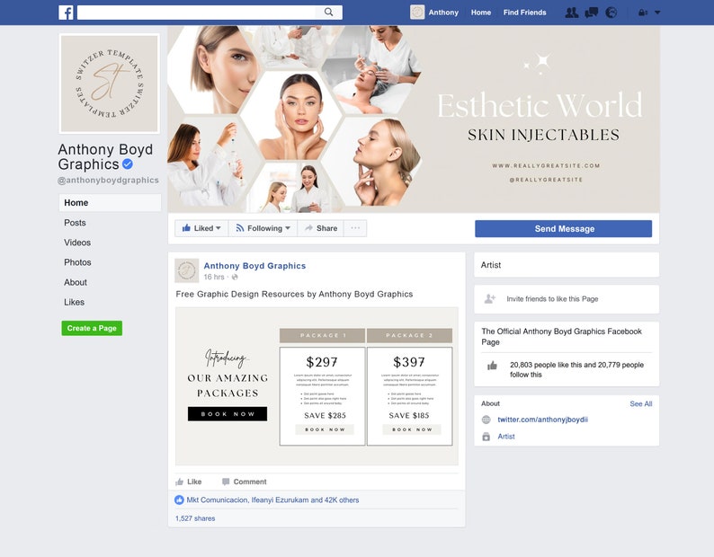 K&ouml;nnte beinhalten: Facebook-Seite f&uuml;r Anthony Boyd Graphics, ein Grafikdesignunternehmen. Die Seite zeigt ein Bannerbild mit dem Gesicht einer Frau und dem Text "Esthetic World Skin Injectables". Die Seite enth&auml;lt auch Informationen &uuml;ber die Dienstleistungen des Unternehmens, darunter Grafikdesign-Ressourcen und Pakete.