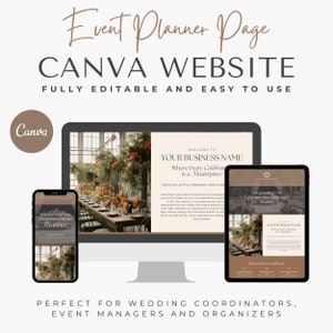 Puede incluir: Una plantilla de sitio web de Canva para planificadores de eventos. La plantilla presenta una vista previa de escritorio y móvil con un diseño floral y el texto "Transformando tus sueños en grandes realidades". También se incluye el texto "Bienvenido a tu nombre de empresa" y "Donde cada celebración es una obra maestra".
