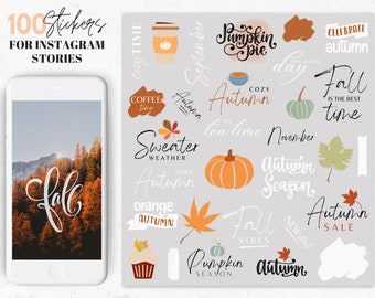 May include: A collection of 100 fall-themed stickers for Instagram stories. The stickers feature various autumnal designs, including pumpkins, leaves, coffee cups, and text phrases like "Cozy Time", "Pumpkin Pie", "Autumn Season", and "Fall Vibes".